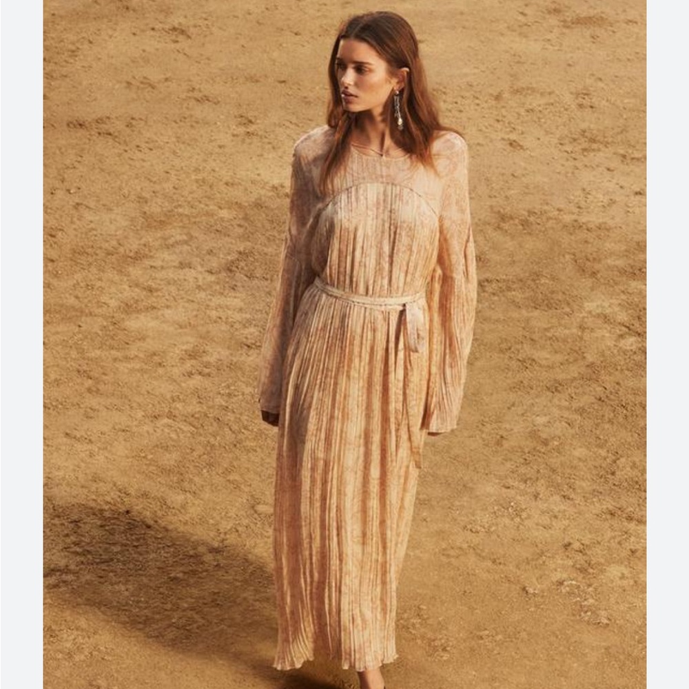 Zara Limited Edition Printed Maxi Dress L Boho Long Sleeve Belted 2256/705